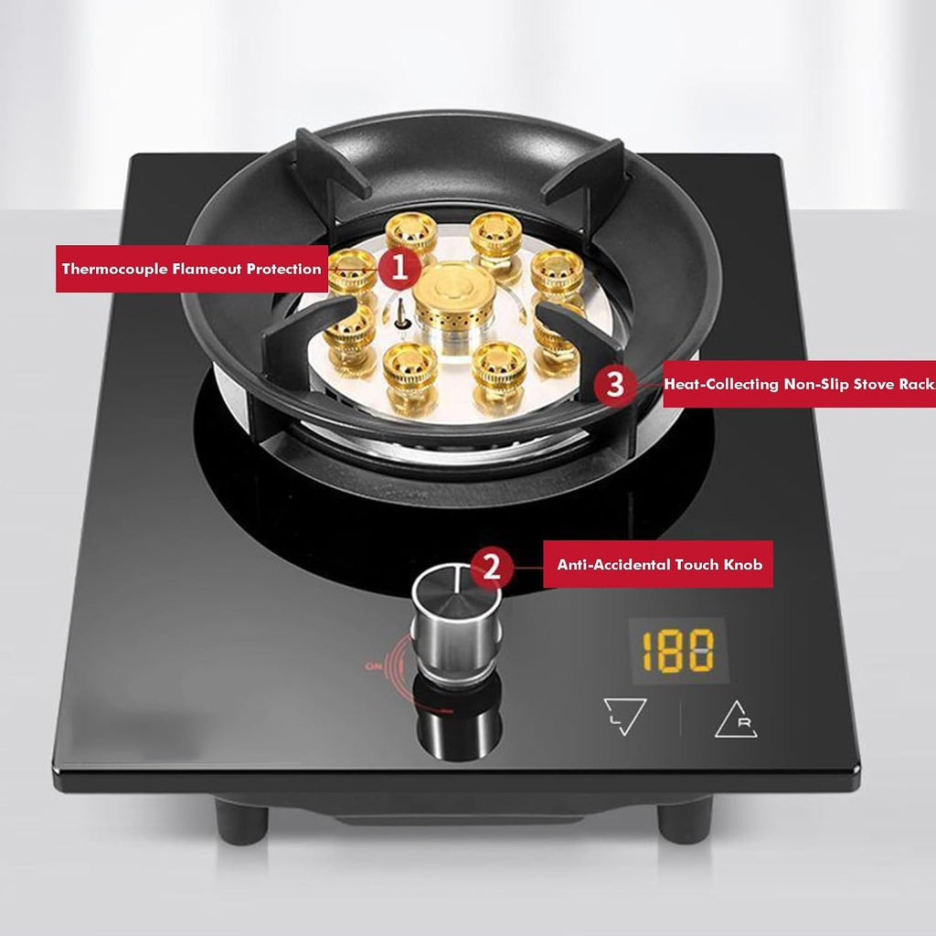 Single Burner Gas Stove,5.2KW Nine-Cavity High-fire Timer,Tempered Glass Top Cooking,with Flameout Protection,for Natural Gas/liquefied Petroleum Gas(NG)