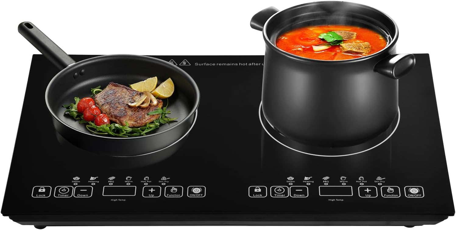 Double Induction Cooktop 2 Burner, 2000W+2000W Electric Induction Cooktop, 110V Table Top Stove Portable Electric Hob, 2 Preset Mode, Bulit-in/Countertop With LED digital display, for Kitchen, RV