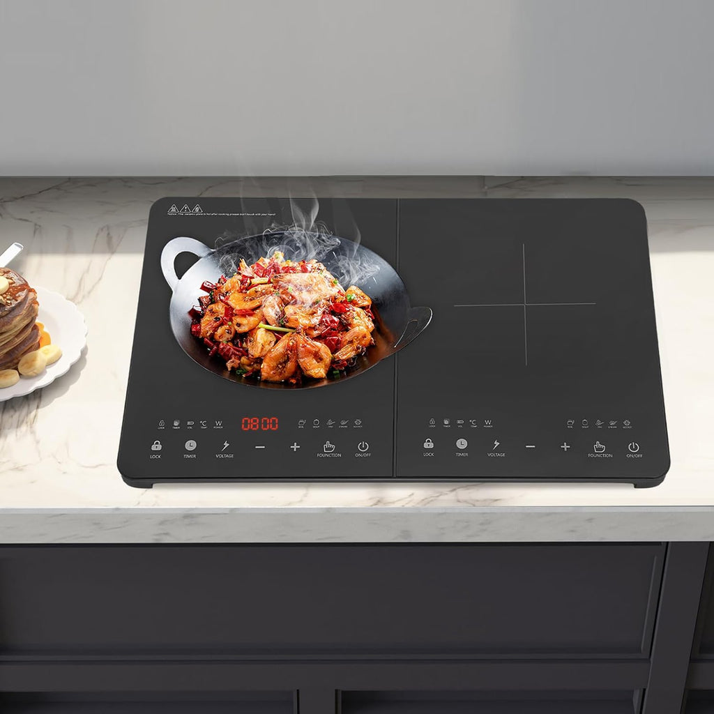 Double Induction Cooktop Burner with LED Display, 110V Quick Setting Function Portable Dual Induction Cooker Cooktop with Child Safety Lock & Time