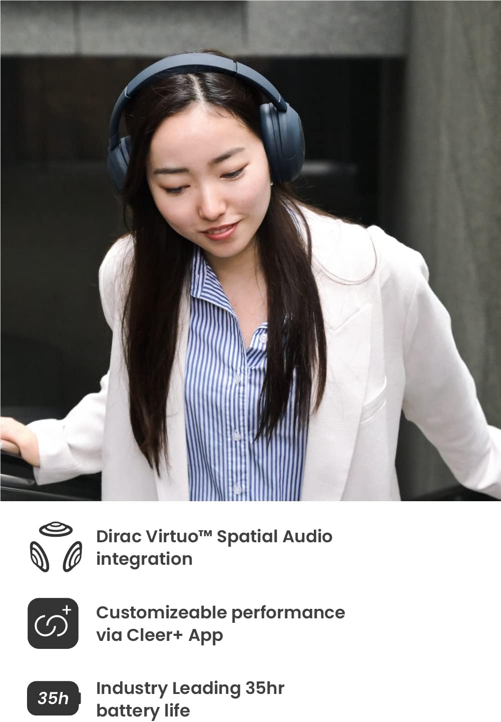 Cleer Alpha Noise Cancelling Bluetooth Headphones, 40mm Ironless Driver, Deep Bass Customize EQs, 35Hr Play, Dual-Mic, Clear Calls, Comfort Fit, Bluetooth 5.1, Hi-Res Wireless Headphone, Midnight Blue