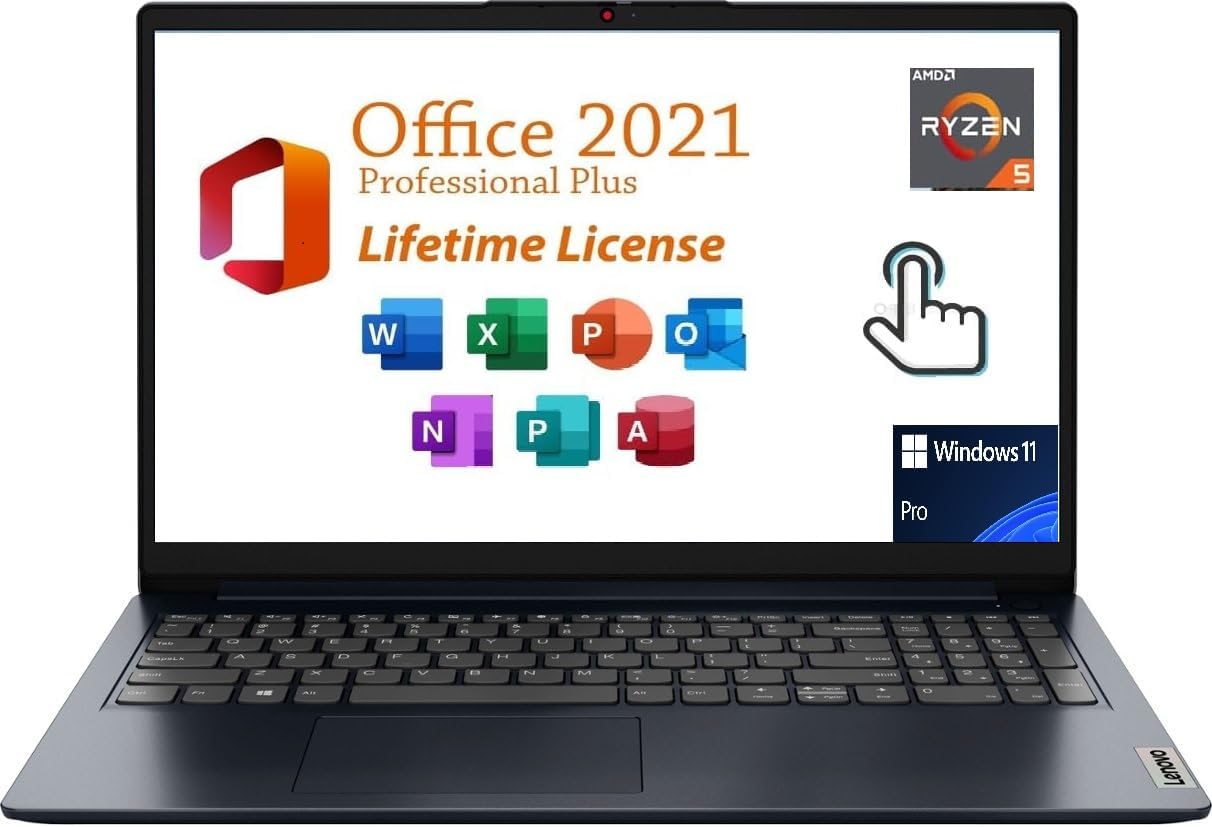 LENOVO Ideapad 1 Laptop, 15.6' FHD (1920x1080) Touch Display, with Free Lifetime Office 2021,Ryzen 5 7520U,8GB RAM,2TB SSD AMD Radeon Graphics, Type C, Windows 11 Pro, Abyss Blue
