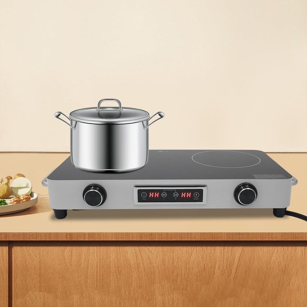 Electric Cooktop,Portable Electric Cooktop 1100W Double Burner Stove with Plug Hot Plate Countertop110V-120V Heating Plate Burner Child Safety Lock Timer,Touch and Knob Control