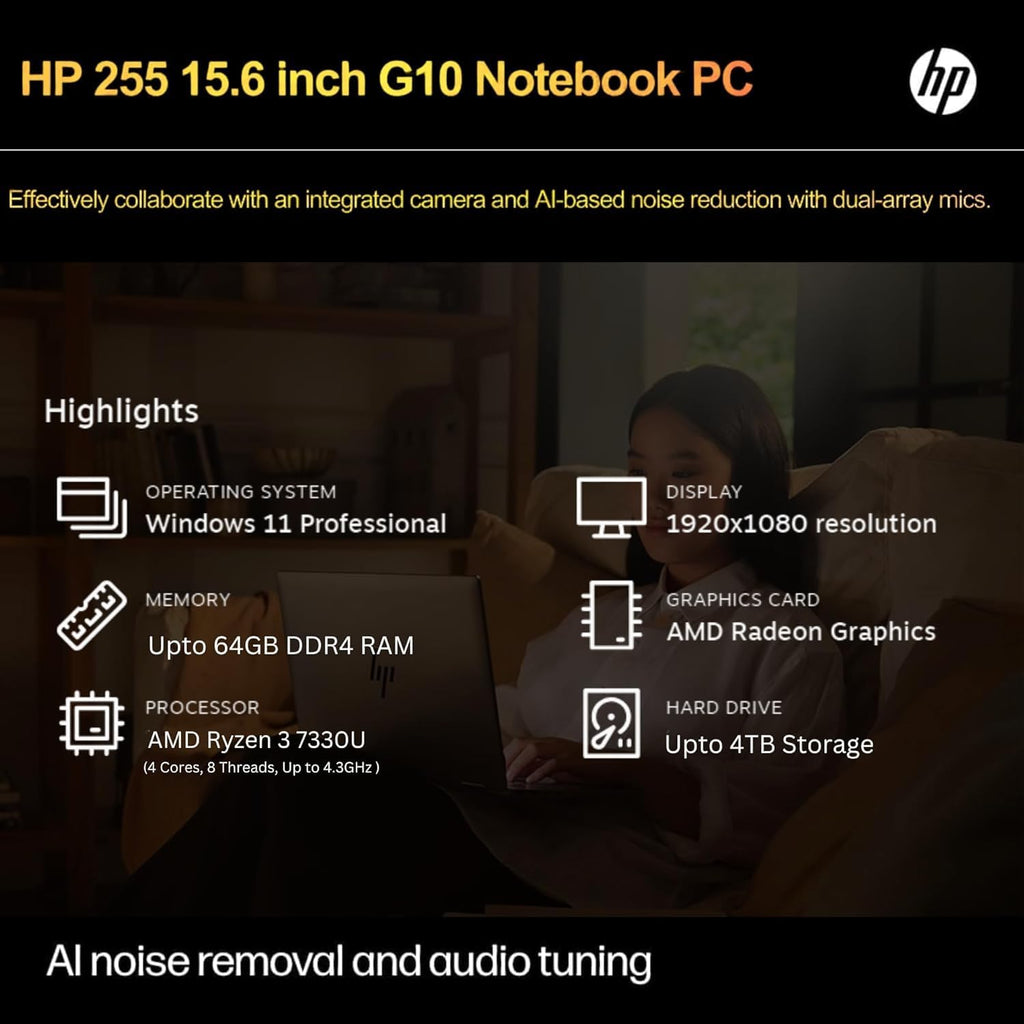 HP 255 G10 Laptop for Home or Work, 16GB RAM, 1TB SSD, 15.6' Full HD, Ryzen 3 7330U (Beat Intel i5-1135G7), HDMI, USB-C, Windows 11 Pro, Business and Fun Ready