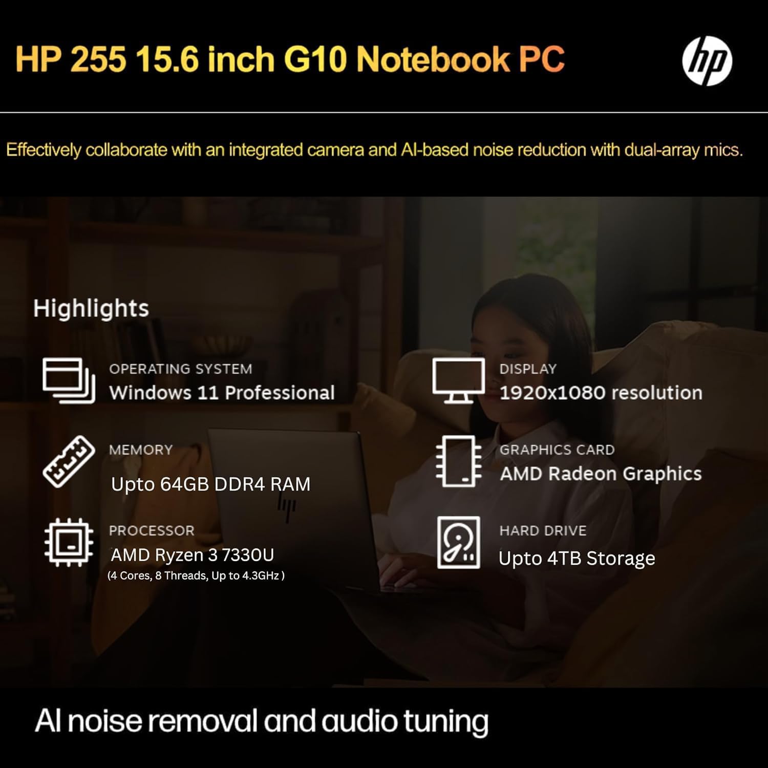 HP 255 G10 Laptop for Home or Work, 16GB RAM, 1TB SSD, 15.6' Full HD, Ryzen 3 7330U (Beat Intel i5-1135G7), HDMI, USB-C, Windows 11 Pro, Business and Fun Ready