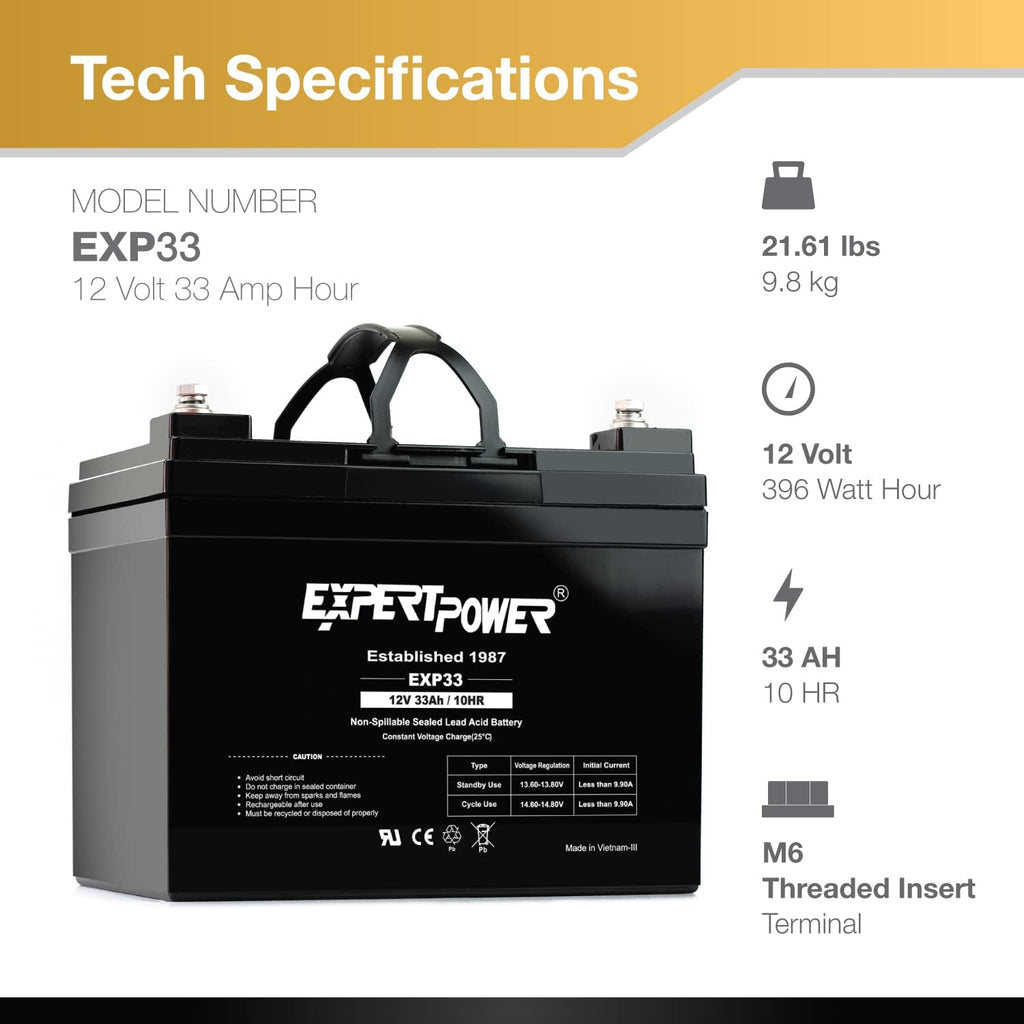 ExpertPower EXP33-2 Pack 12V 33Ah SLA AGM Battery for Solar Energy Storage, UPS, Trailer, Security System, Mobility Scooter, Small Marine Battery Backup, 12V Batteries Lead Acid, M6