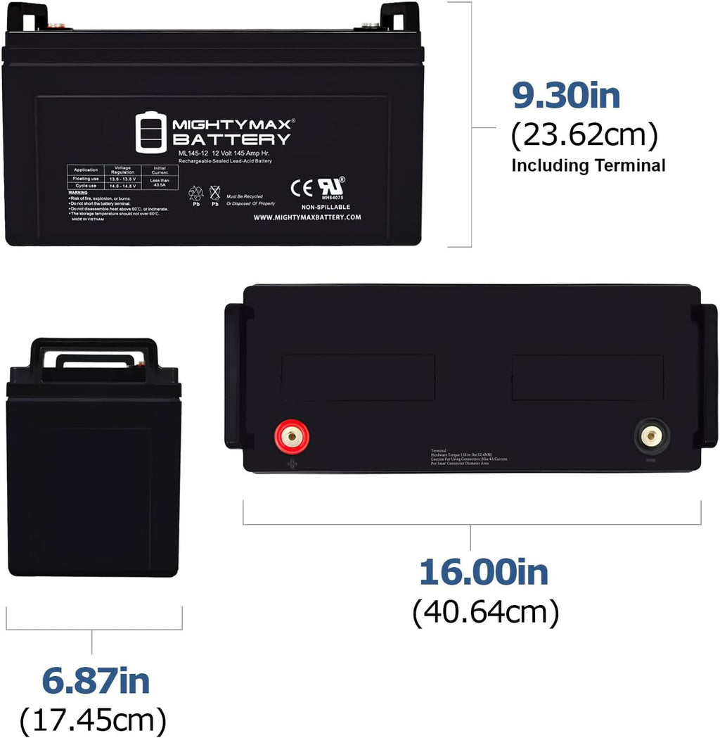 Mighty Max Battery Mighty Max Battery ML145-12 - 12 Volt 145 AH, Internal (INT) Terminal, Rechargeable SLA AGM Battery