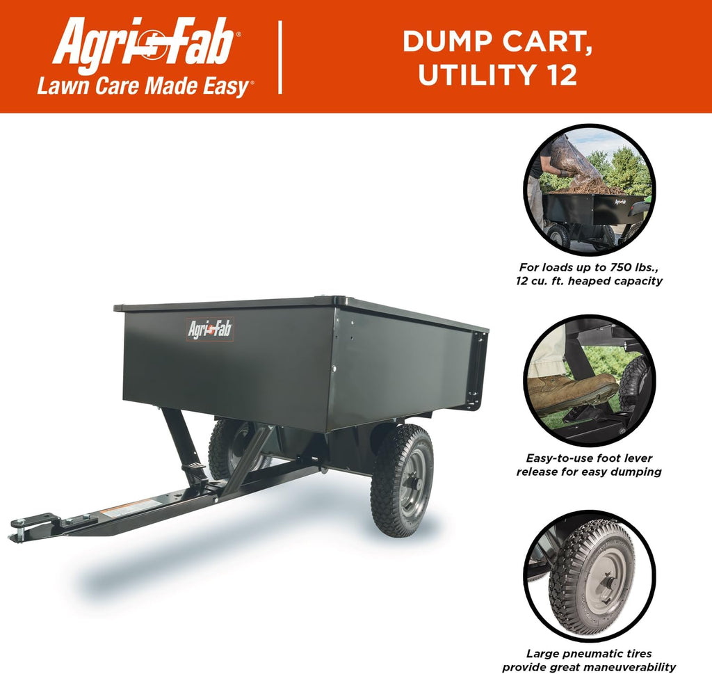Agri-Fab 45-0101 Steel Utility Lawn & Garden Dump Cart, For Riding Lawn Mowers, 12 cu ft/750# Capacity; 16' Pneumatic Wheels, Easy Foot-Lever Dumping