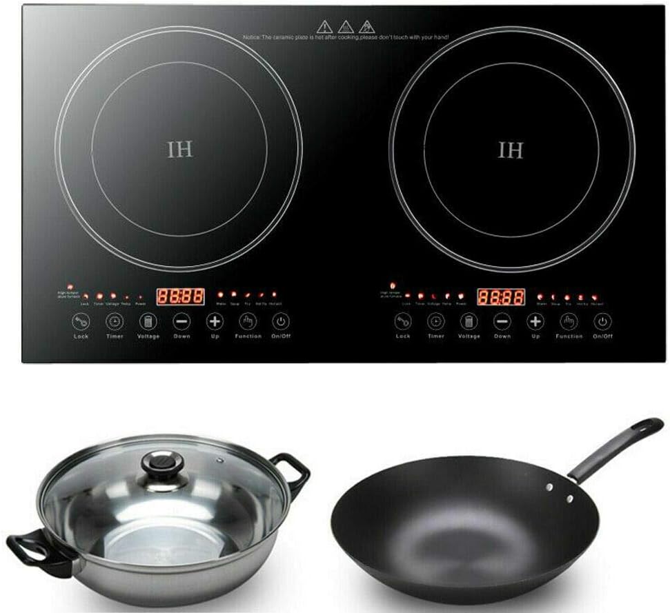 Electric Double Induction Cooker, 1200W+1200W Touch Type Key w/LED Display, 8 Gear Firepower, Dual Induction Countertop Burner, 2 Burner Portable Countertop Cooker (US Stock)