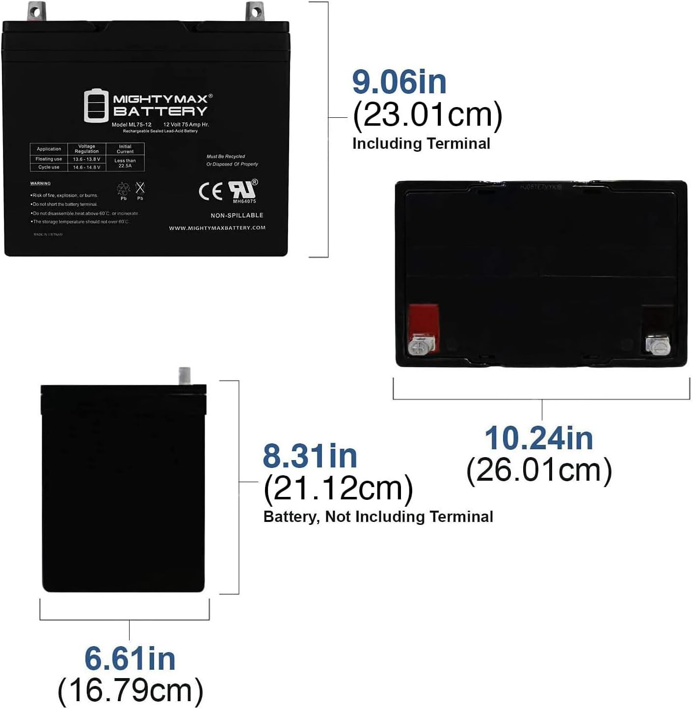 ML75-12 - 12 Volt 75 AH, Nut and Bolt (NB) Terminal, Rechargeable SLA AGM Battery