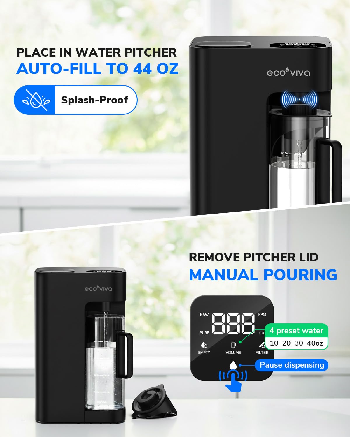 Ecoviva Mate 3 Countertop Reverse Osmosis Water Filter with 2 Auto-Fill Pitchers, 8-Stage RO Filtration System, Installation-Free, Reduces TDS, 3:1 Pure-to-Drain Ratio, Home & Kitchen, Black