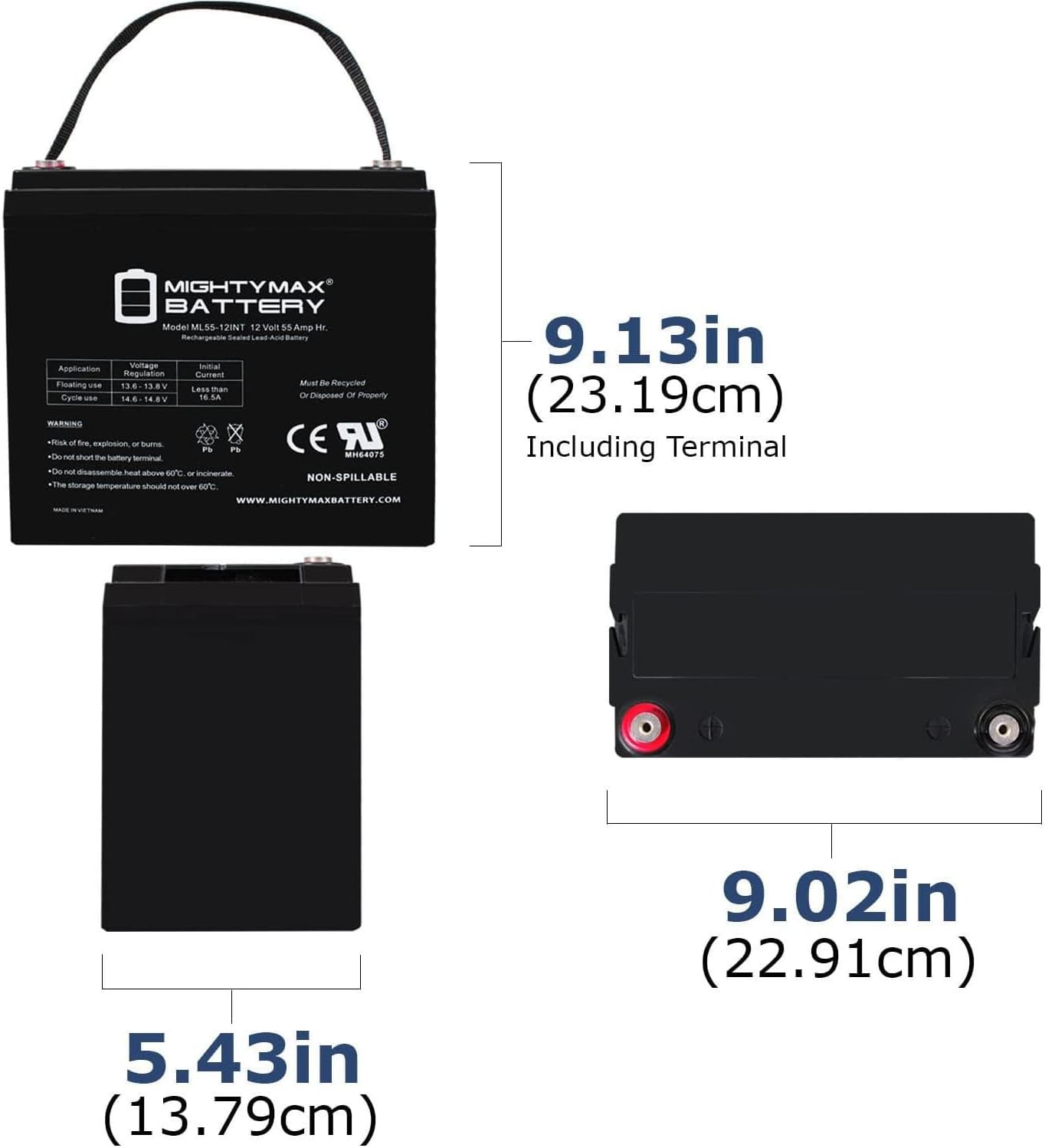 ML55-12INT -12 Volt 55 AH, Internal Thread (INT) Terminal, Rechargeable SLA AGM Battery