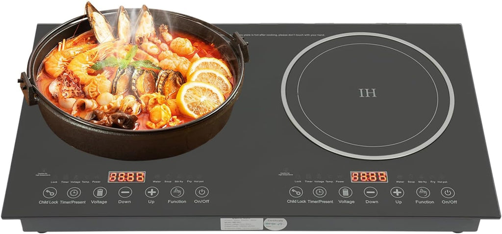 Portable Induction Cooker Cooktop Countertop Double Burner Independent Control, 1200W+1200W Low Noise Electric Cooktops 110V Induction Cooker Heater with 8 Gear Firepower for Kitchen Cooking
