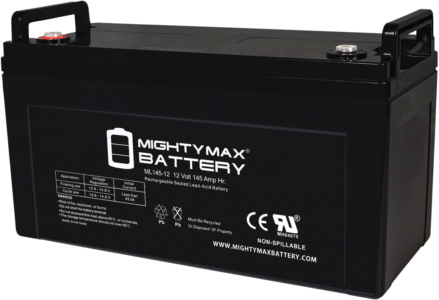 Mighty Max Battery Mighty Max Battery ML145-12 - 12 Volt 145 AH, Internal (INT) Terminal, Rechargeable SLA AGM Battery