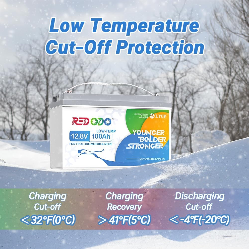 Redodo 12V 100Ah Lithium LiFePO4 Battery, Low-Temp Protection, Built-in 100A BMS, 10-Year Lifetime, Perfect for Cold Areas, Trolling Motor, Boat, RV, Off Grid