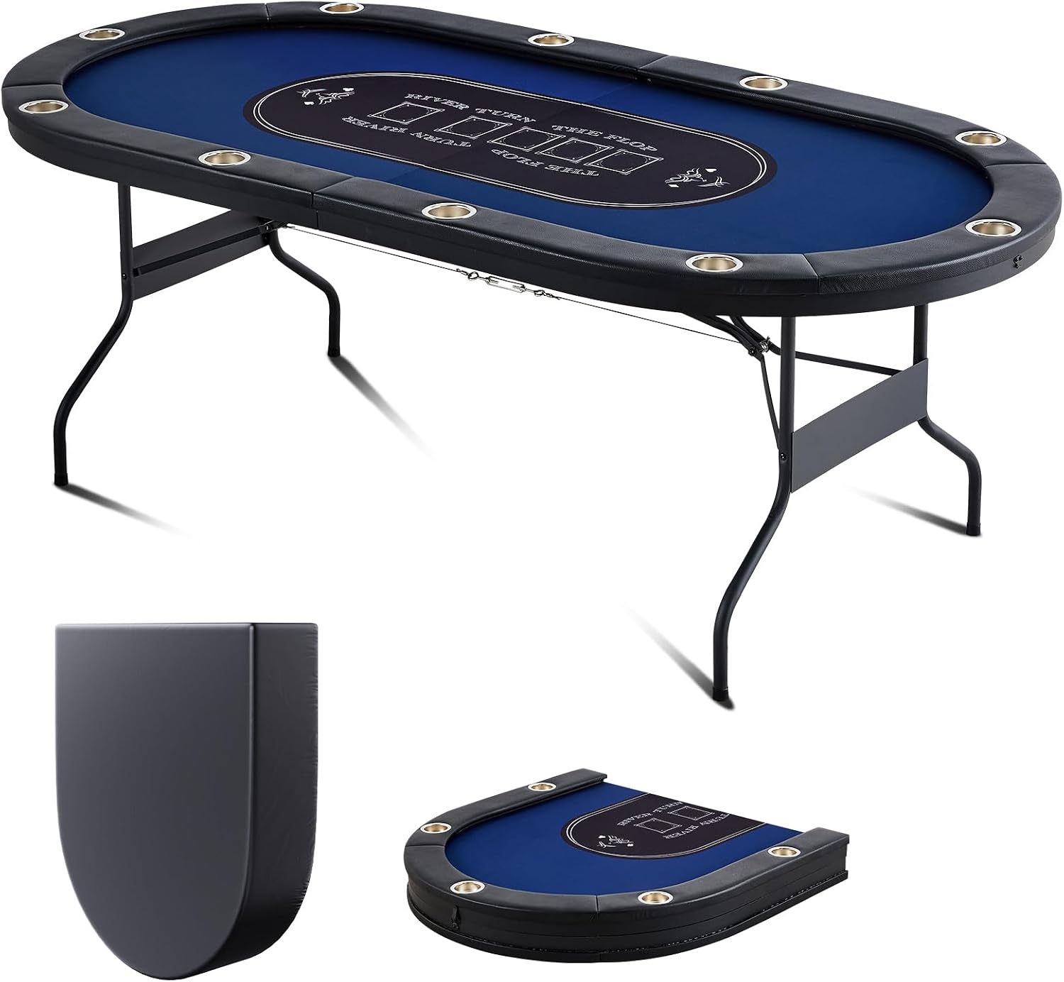 Happybuy 10 Player Foldable Poker Table, 84' Oval Card Table with Padded Rails & Stainless Steel Cup Holders, Portable Blackjack & Texas Hold'em Game Table