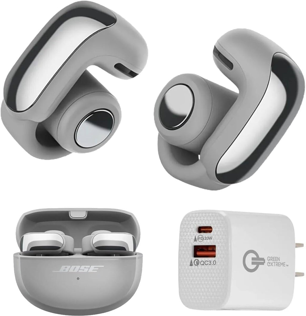 Bose Ultra Open Bluetooth Earbuds, True Wireless Earbuds with OpenAudio for Awareness, Clip On Design for Comfort, Immersive Audio, Up to 48 Hrs of Playtime + 20W Wall Charger (Moonlight Gray)