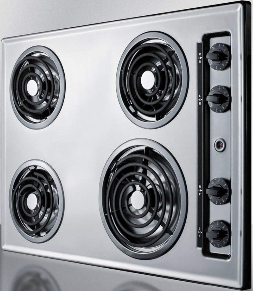 Summit 30' 4 Burner Electric Cooktop. 230 Volt Coil Electric Cooktop, Stainless Steel Look- ZEL05