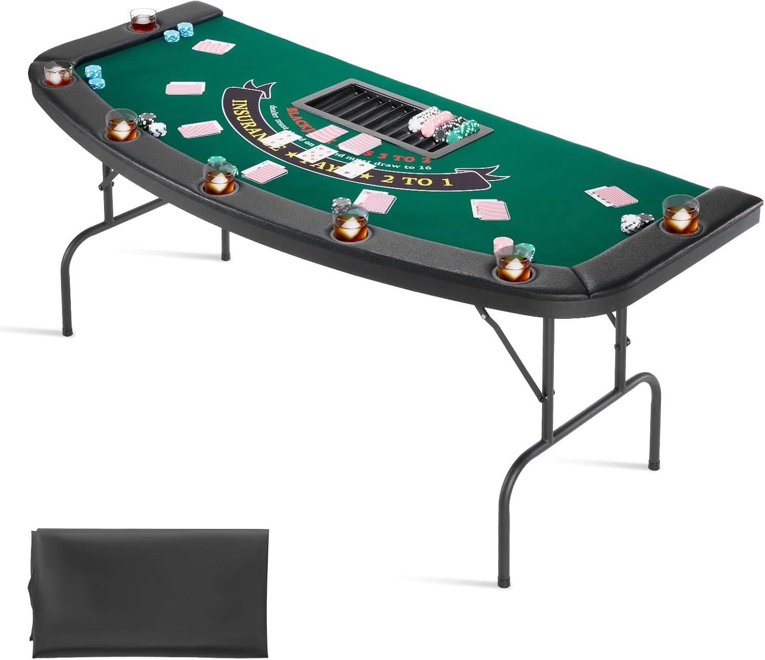 VEVOR Foldable Poker Table, 7 Player 72 in Folding Casino Leisure Table with Padded Rails & Cup Holders, Semi-Oval Portable Game Tables with Felt & Metal Legs, for Texas Hold'em Game and Blackjack