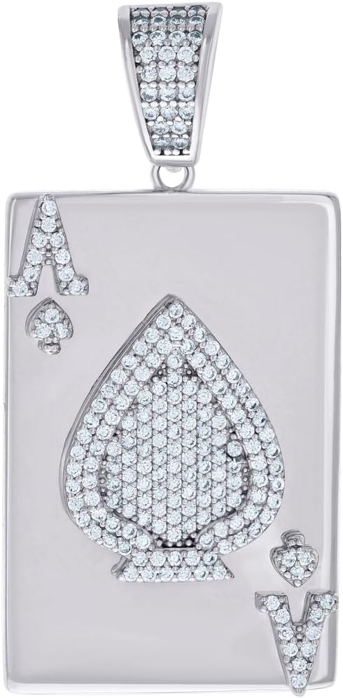 JewelryWeb 925 Sterling Silver Mens Cubic Zirconia Ace Of Spade Playing Cards Gambling Charm Pendant Necklace for Men