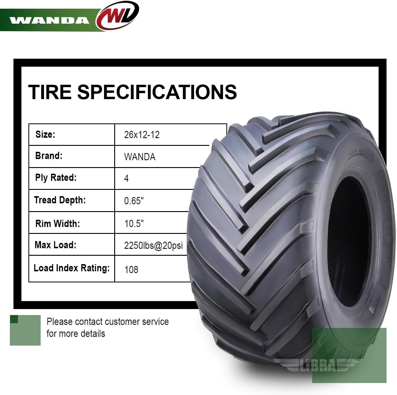 WANDA 26X12-12 Lawn Mower Agriculture FarmTractor Cart Turf Tire 4 Ply 26x12x12-13215