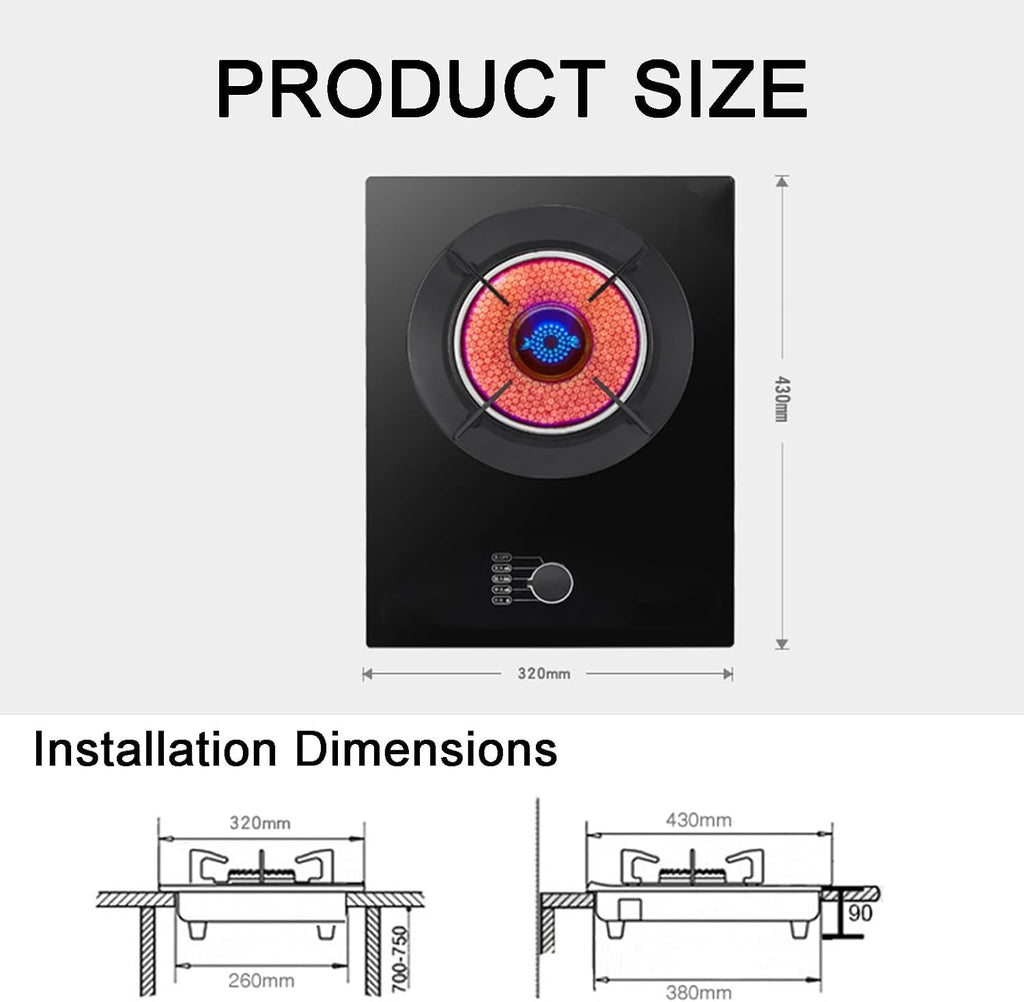Gas Stove 1 Burner,Tempered Glass Cast Iron Pot Rack 4.5KW Liquefied Gas Natural Gas Stove,Desktop or Embedded Installation,with Safety Flameout Device(LPG)