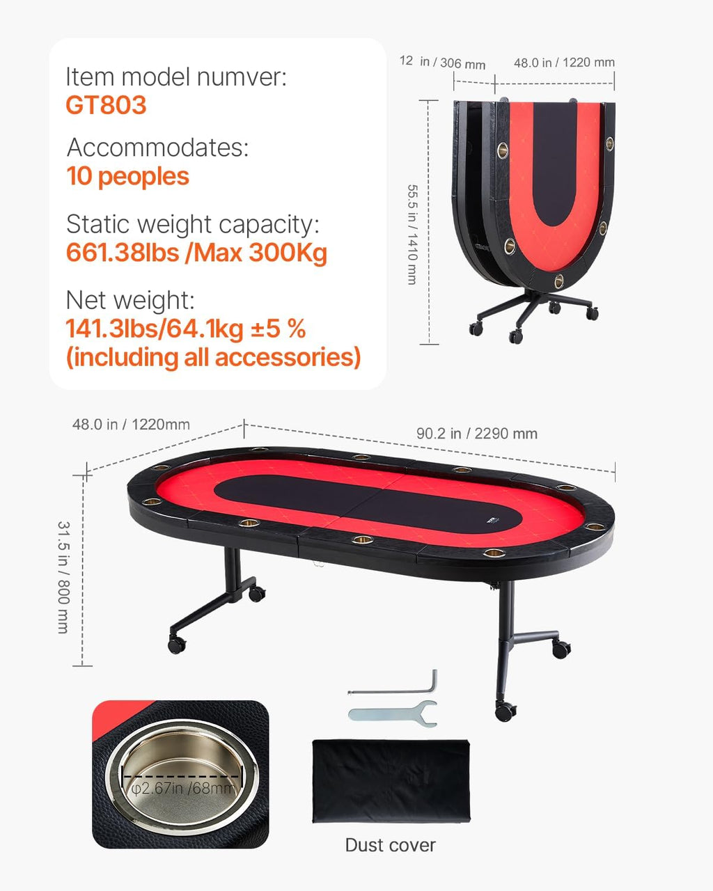VEVOR 90' Oval Casino Leisure Table: 10 Player, Blackjack Texas Holdem Poker Table with Stainless Steel Cup Holders and Padded Rails, Portable Folding Card Board Game Table