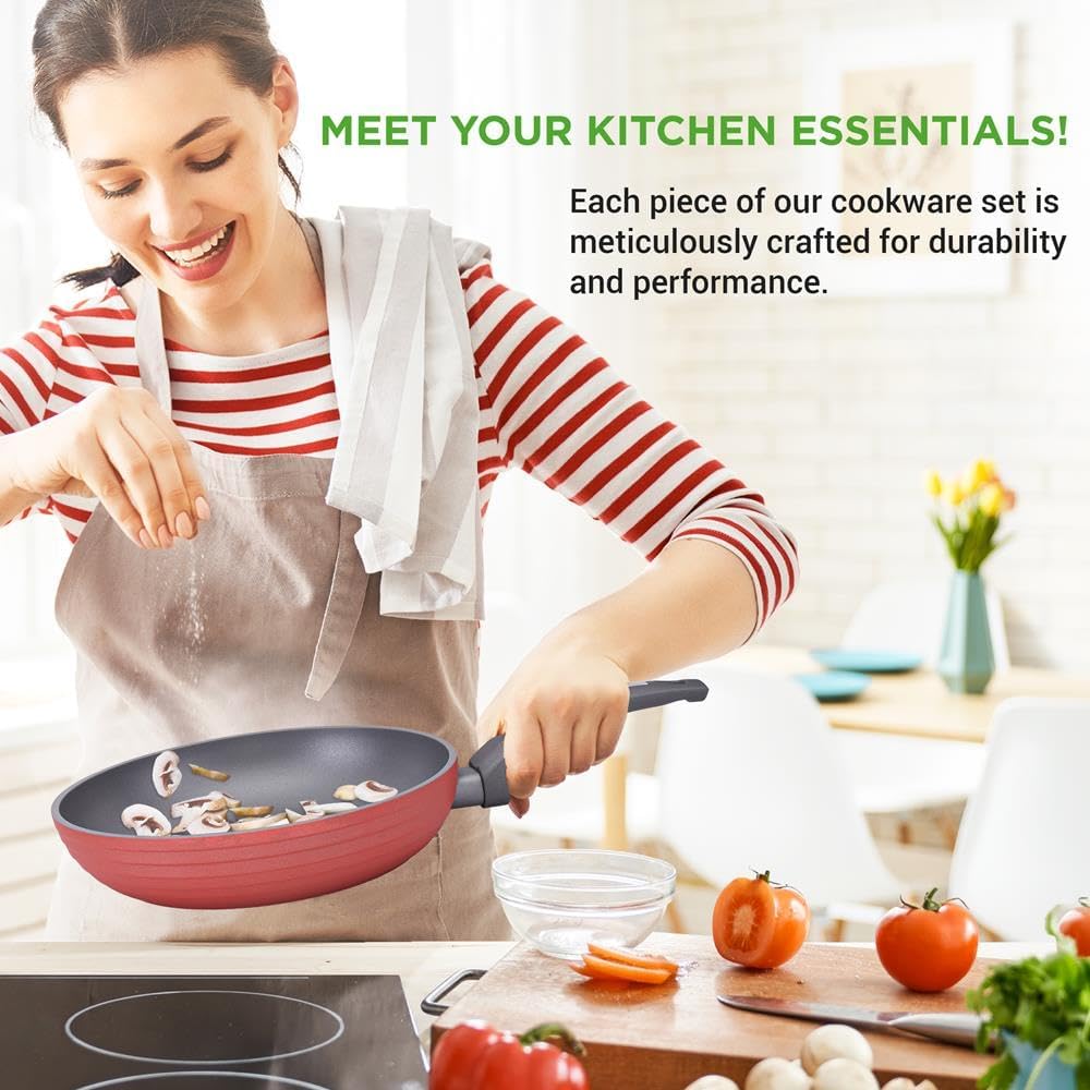 NutriChef Professional 12-Piece Red Nonstick Cookware Set - PFOA/PFOS-Free, Heat Resistant Lacquer, Elegant Design, Multi-Sized Pots and Pans
