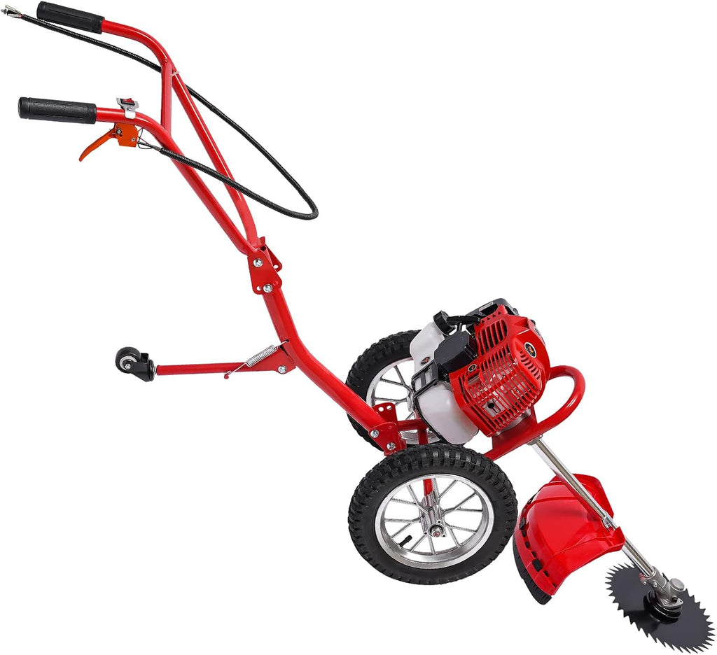 49CC Gas Walk Behind Brush Cutter, 2-Stroke Gas Powered Lawn Mower, Hand Push Brush Mower Weeding Machine with Air-Cooled System, 3-in-1 Gasoline Engine Grass Trimmer, 7000r/min