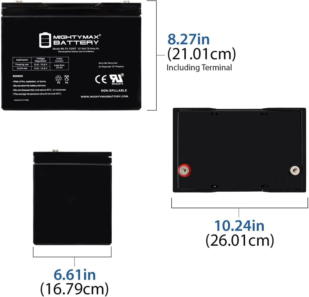 ML75-12INT -12 Volt 75 AH, Internal Thread (INT) Terminal, Rechargeable SLA AGM Battery