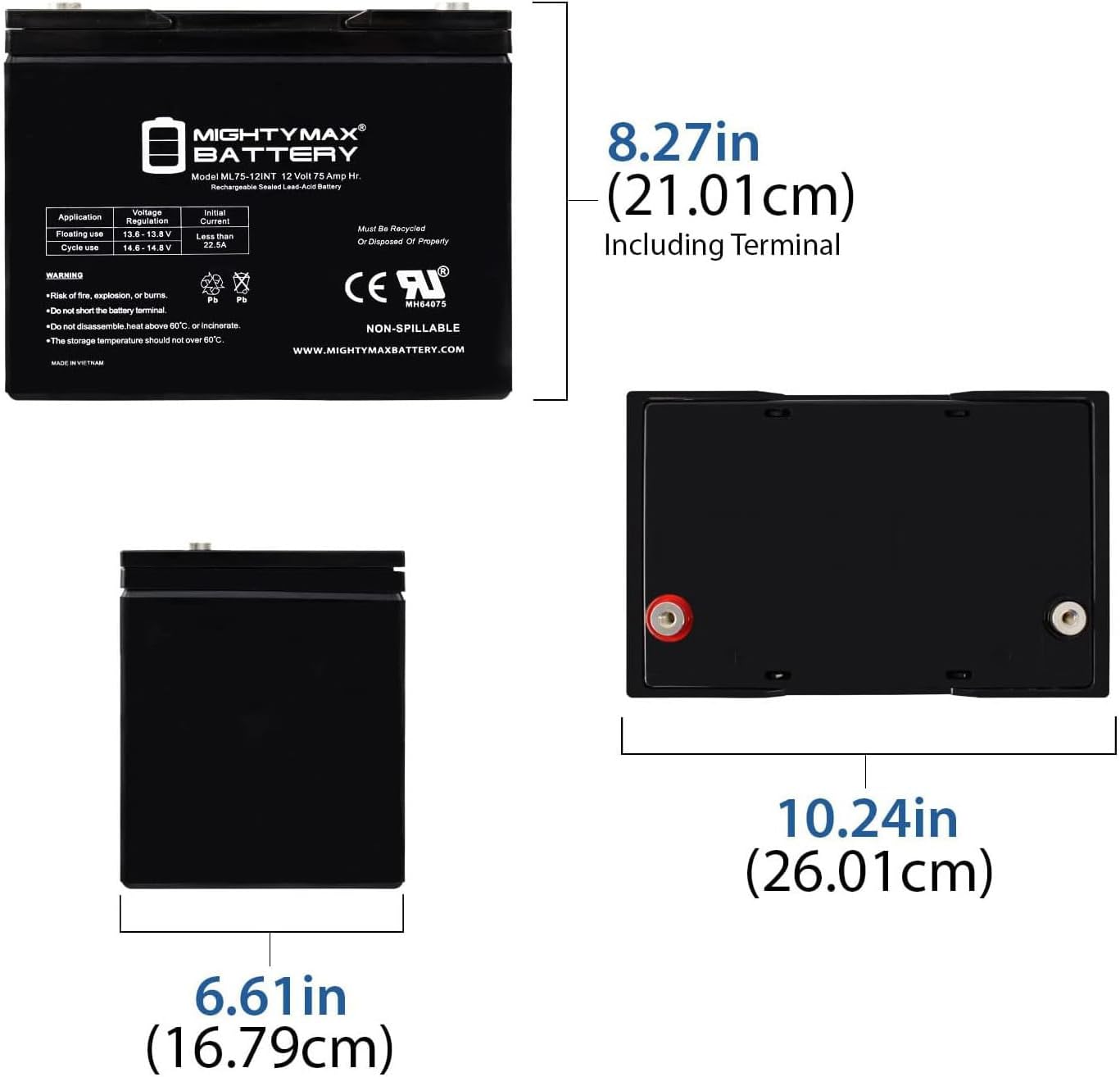 ML75-12INT -12 Volt 75 AH, Internal Thread (INT) Terminal, Rechargeable SLA AGM Battery