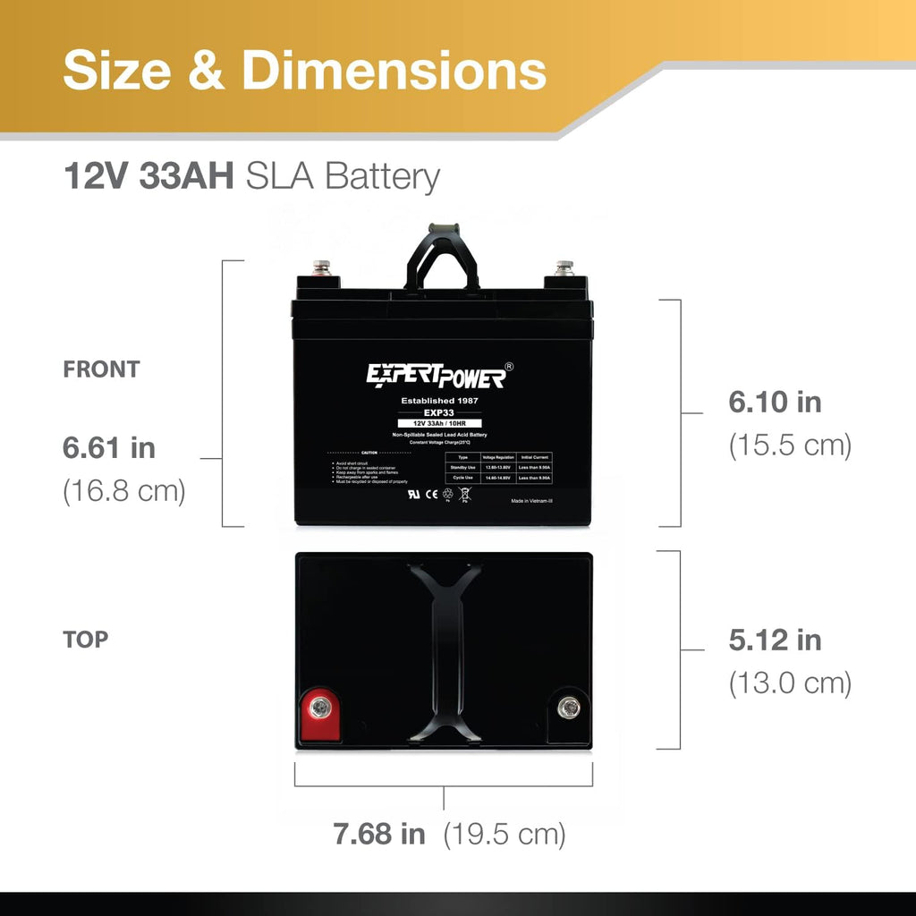 ExpertPower EXP33-2 Pack 12V 33Ah SLA AGM Battery for Solar Energy Storage, UPS, Trailer, Security System, Mobility Scooter, Small Marine Battery Backup, 12V Batteries Lead Acid, M6