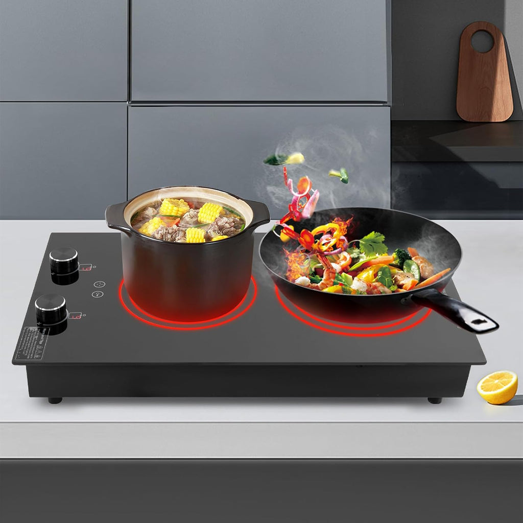 Electric Cooktop, 110V Electric Ceramic Cooktop, Double-burner Ceramic Electric Hob, Portable Countertop Burner, Touch Control, 1800W Countertop Burner, Electric Hob Top with Knob Control