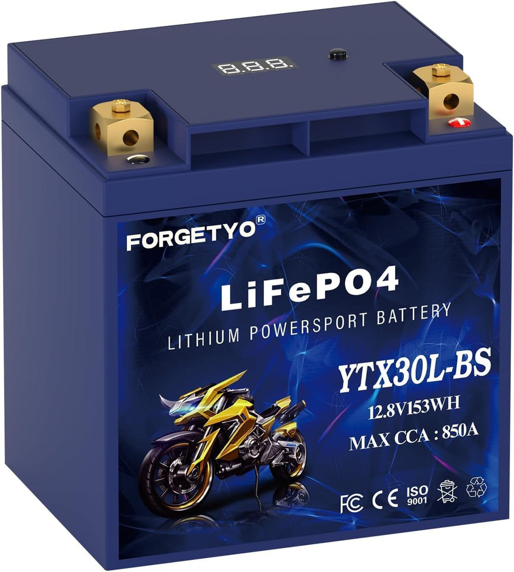 Lithium Motorcycle Battery, Forgetyo YTX30L-BS LiFePO4 Battery, 12V 12AH 850A ATV, UTV, Jet Ski, 4 Wheeler and Lawn Mower Battery