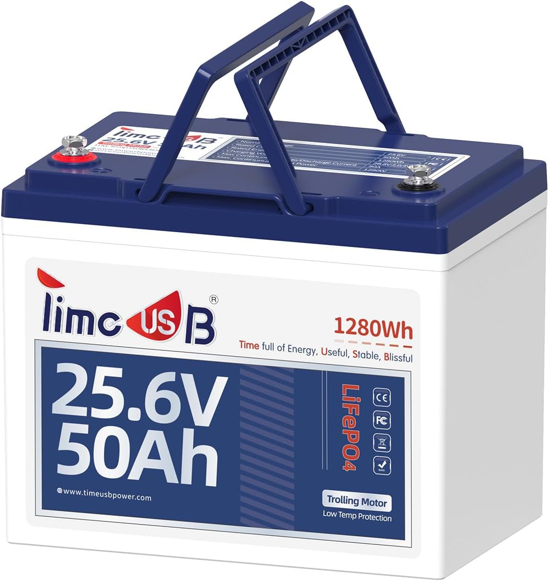 Timeusb 24V 50Ah LiFePO4 Lithium Battery Upgrade, IP65 Low-Temp Protection Deep Cycle Lithium Iron Phosphate Rechargeable Battery for Trolling Motor, Fish Finder Boat, RV, Solar(Group24)