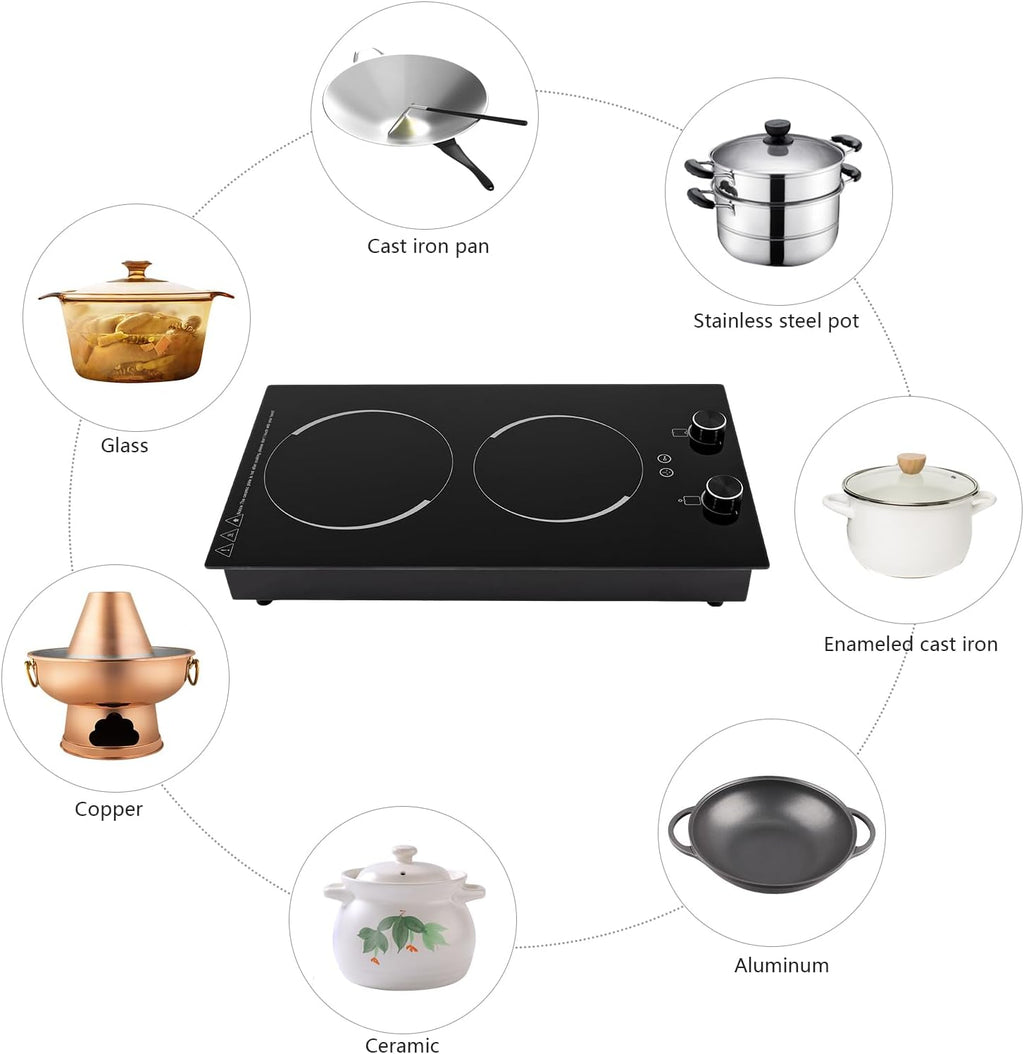 Double Induction Cooktop,Electric Cooktop,2 Burners Electric Stove Top with Knob Control,Built-in Radiant Stove with LED Display screen,9 Heating Level, Kid Safety Lock,Overheat Protection, 110V