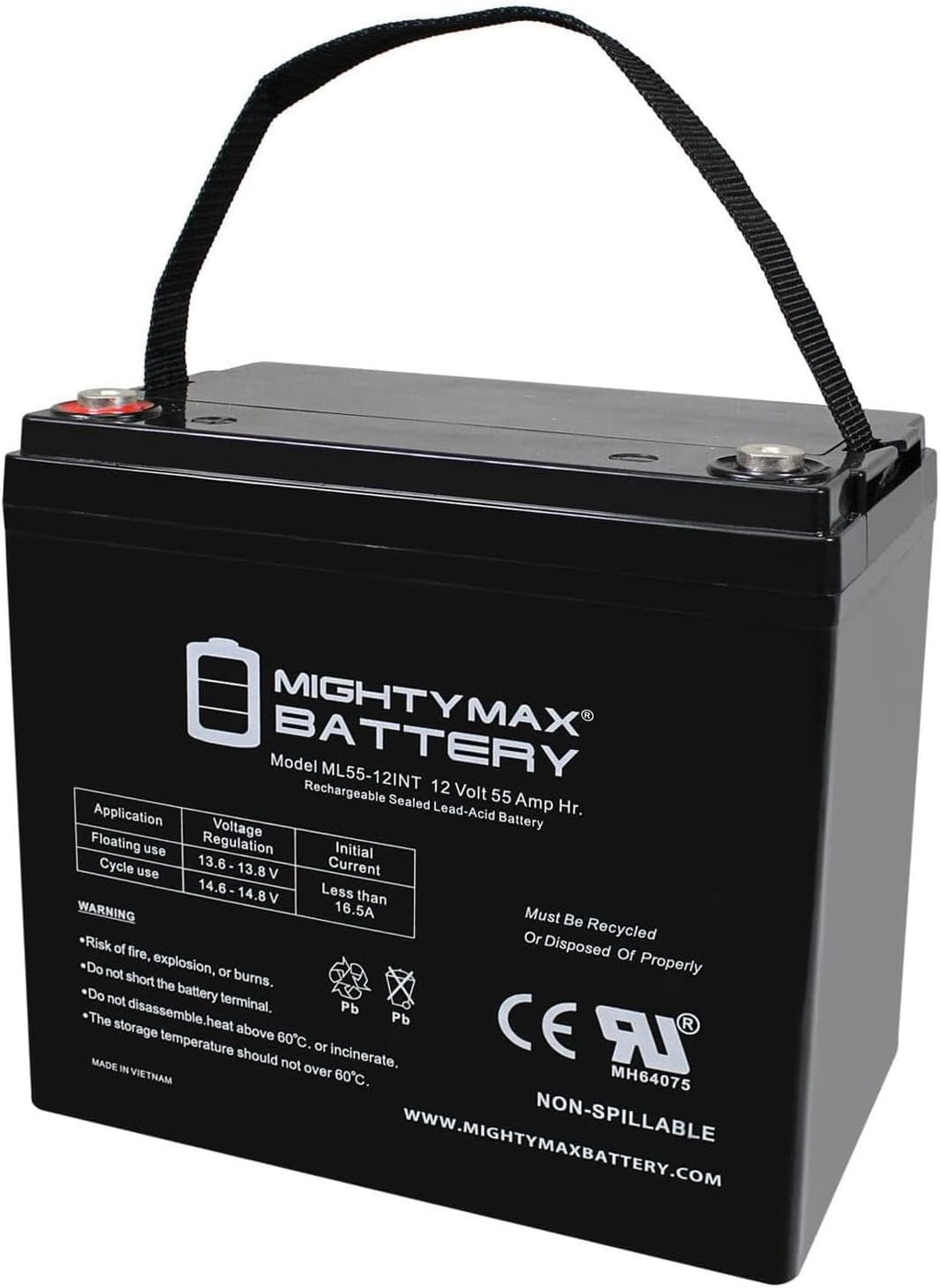 ML55-12INT -12 Volt 55 AH, Internal Thread (INT) Terminal, Rechargeable SLA AGM Battery