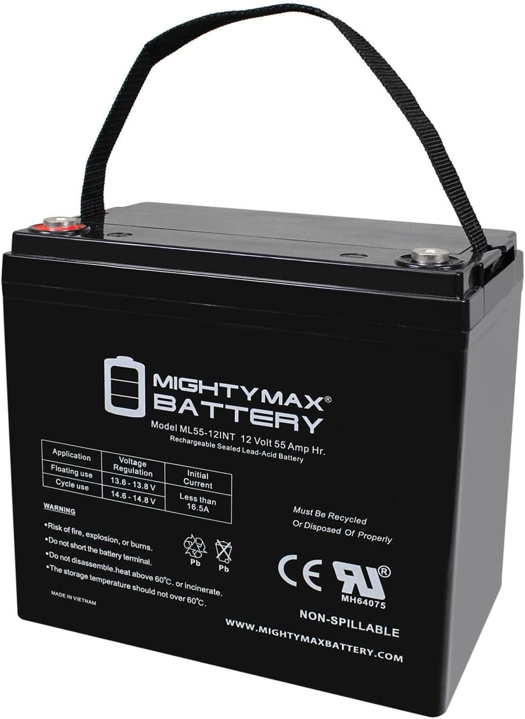 ML55-12INT -12 Volt 55 AH, Internal Thread (INT) Terminal, Rechargeable SLA AGM Battery
