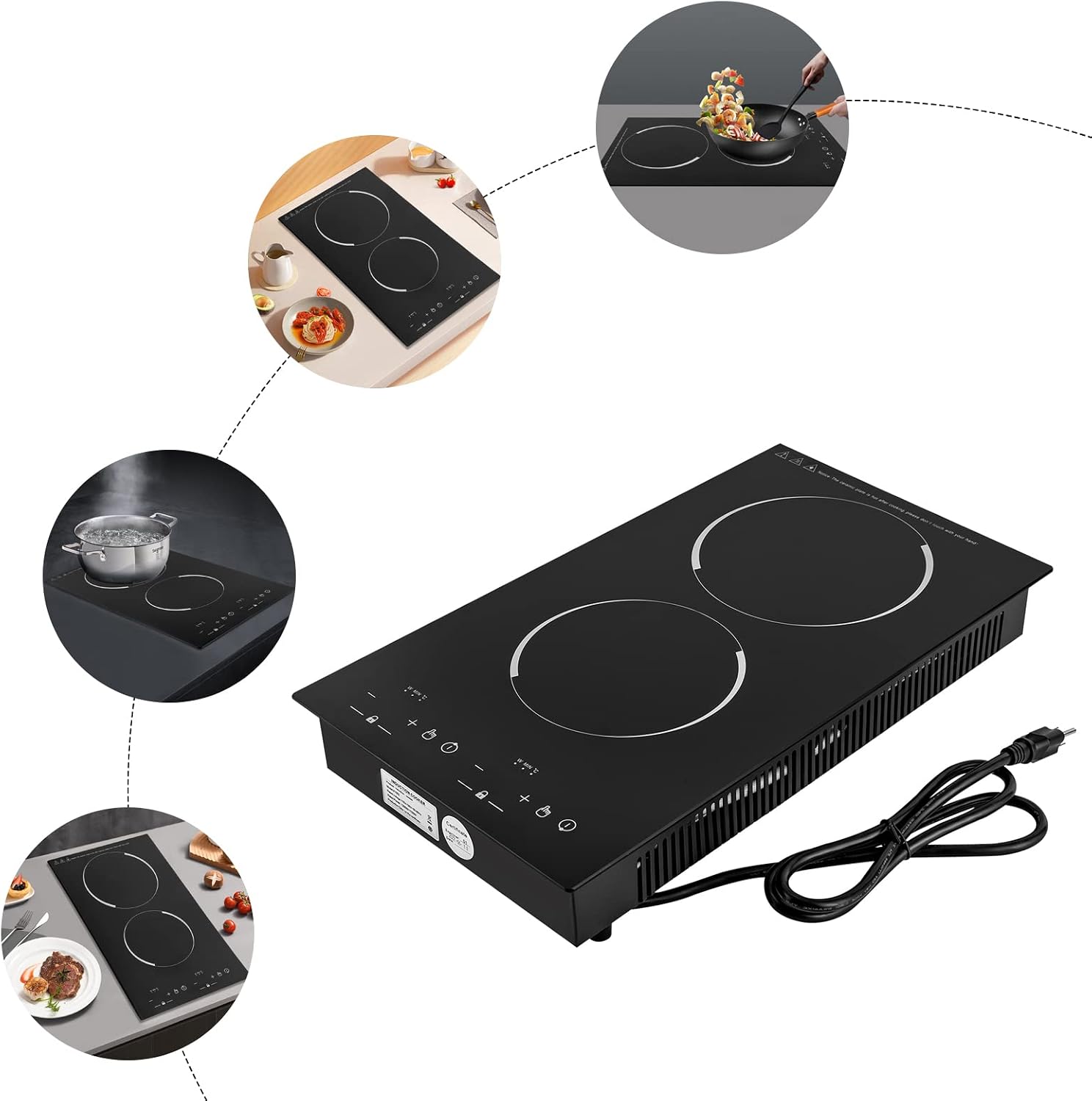 Double Electric Cooktop, 12 Inch Built-in Induction Stove Top, 2 Burners 9 Temperature Adjustment Gears Electric Stove, Timer & Kid Safety Lock Sensor Touch Control Double Induction Cooktop