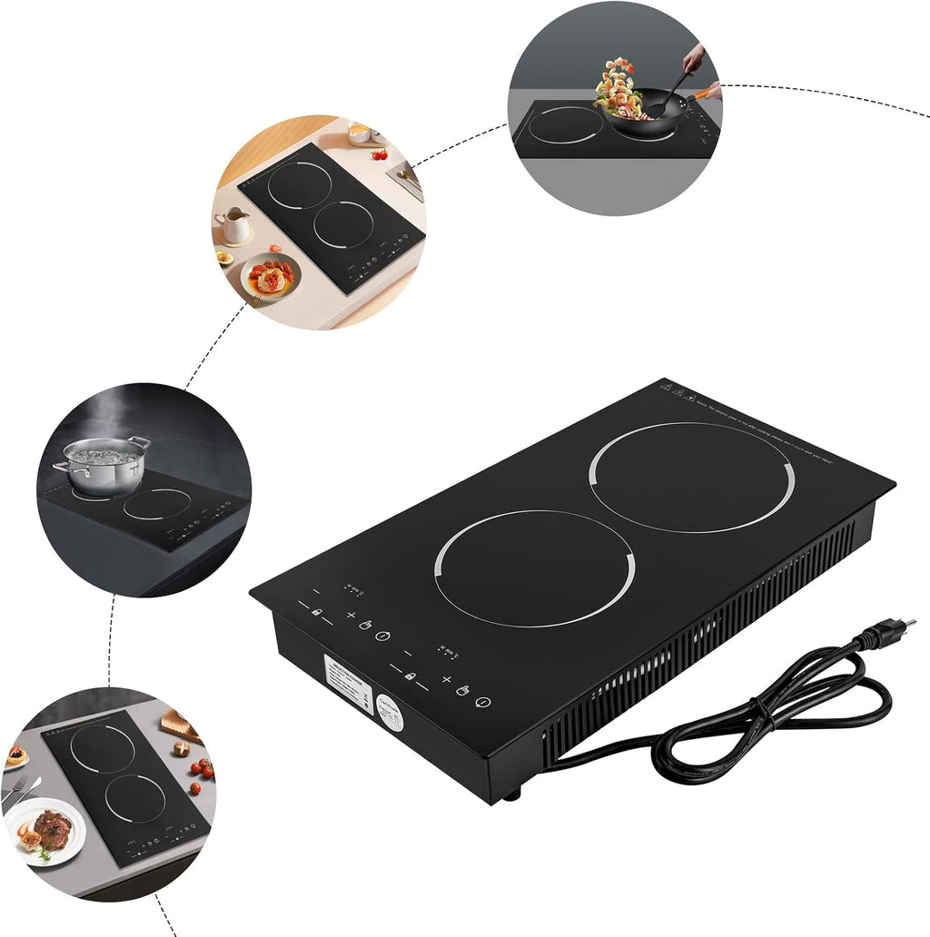 Double Induction Cooktop, Portable Induction Cooker with 2 Burner Independent Control, Ultrathin Body, 9 Temperature, 1200W+1100W-Multiple Power Levels, 2 Hour Timer, Safety Lock