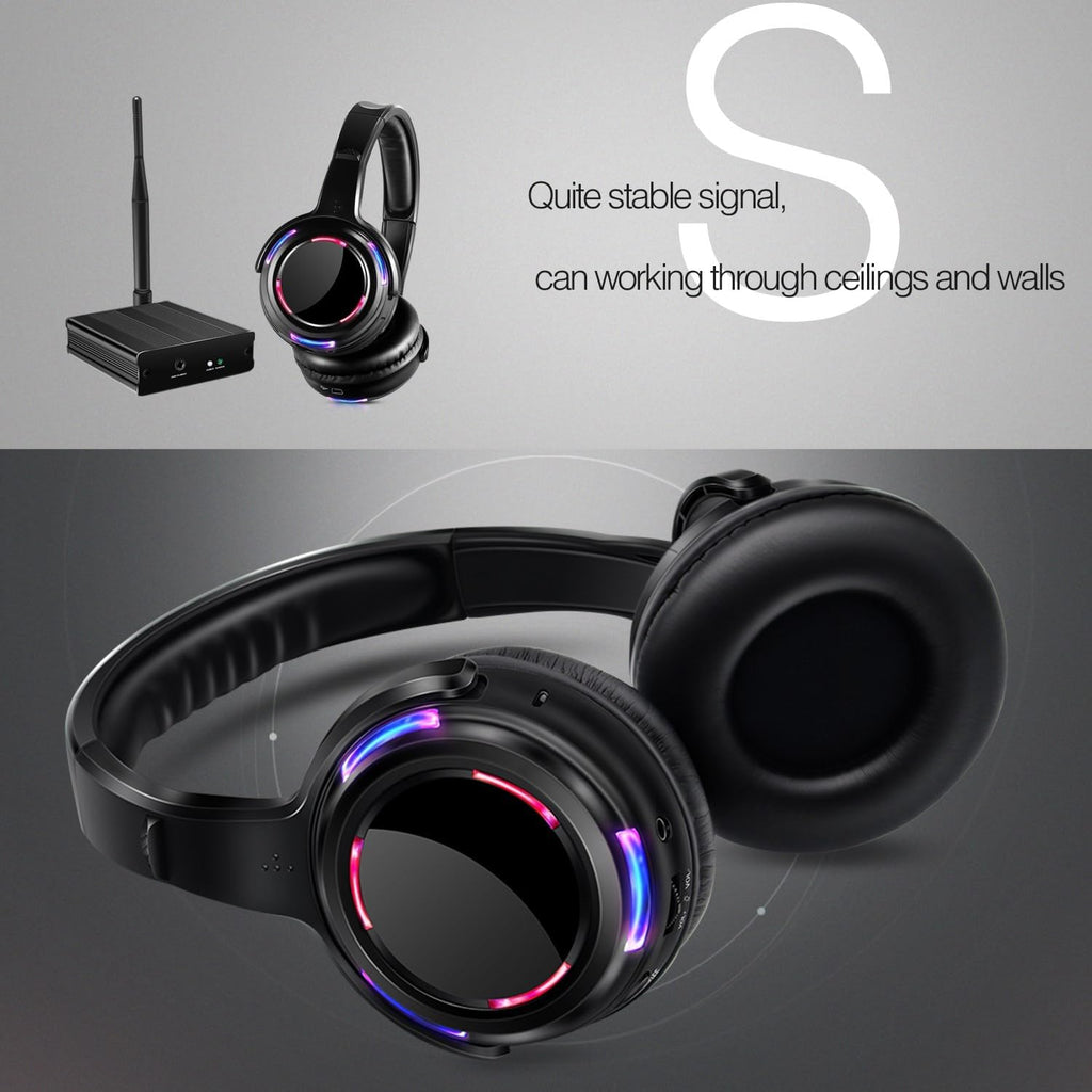 Professional Silent Disco LED Wireless Headphones and RF LED Silent Disco Earphones for iPod MP3 DJ Music Pary Club (2 led Headphone + 2 Transmitter)