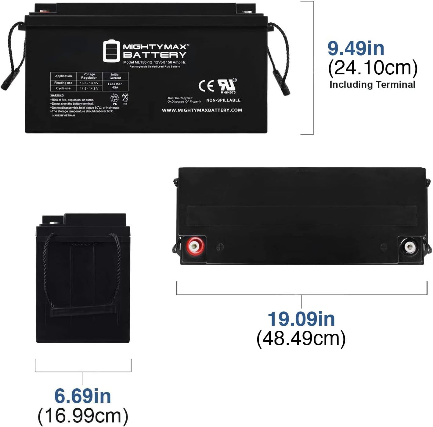 Mighty Max Battery ML150-12 - 12 Volt 150 AH, Internal (INT) Terminal, Rechargeable SLA AGM Battery