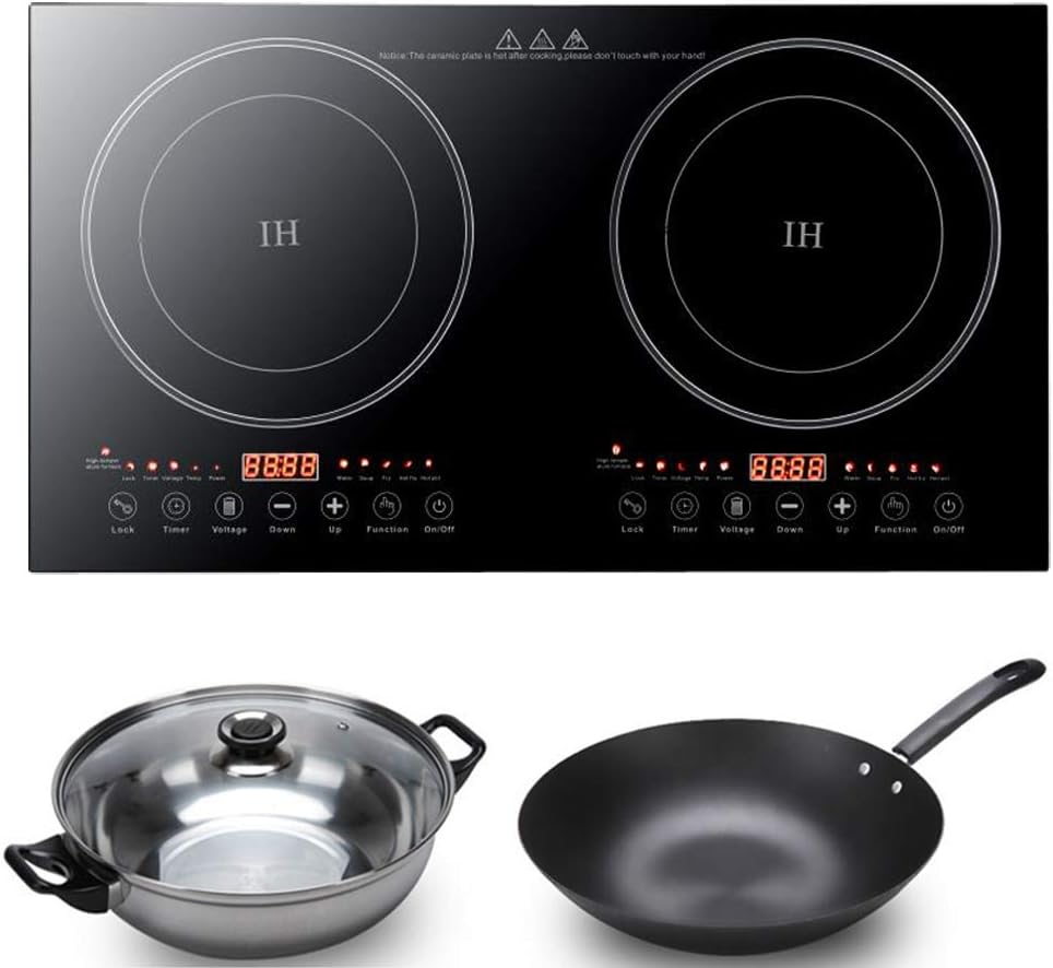 Double Induction Cooktop, Powerful 1200W, 2 Large 8' Heating Coils, Independent Controls, 2 x 18'Shatter-Proof Ceramic Glass Surface,Portable Electric Countertop Double Burner