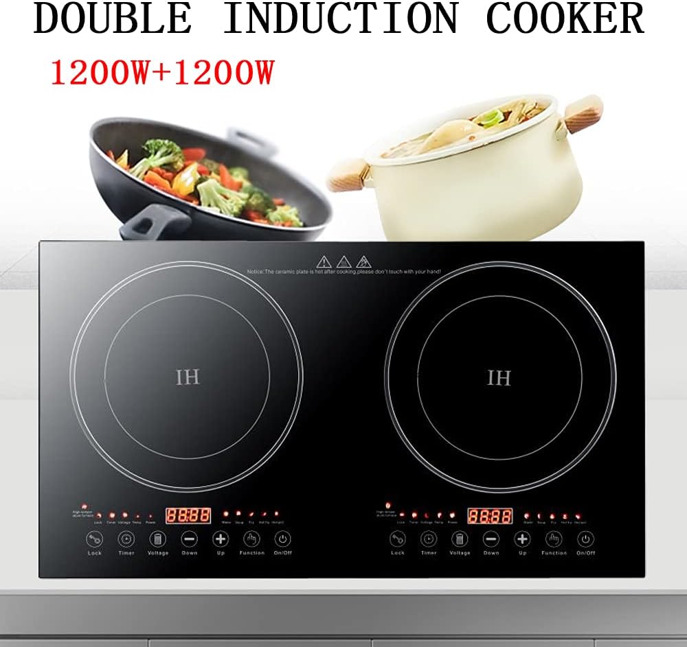 Double Induction Cooktop, Powerful 1200W, 2 Large 8' Heating Coils, Independent Controls, 2 x 18'Shatter-Proof Ceramic Glass Surface,Portable Electric Countertop Double Burner