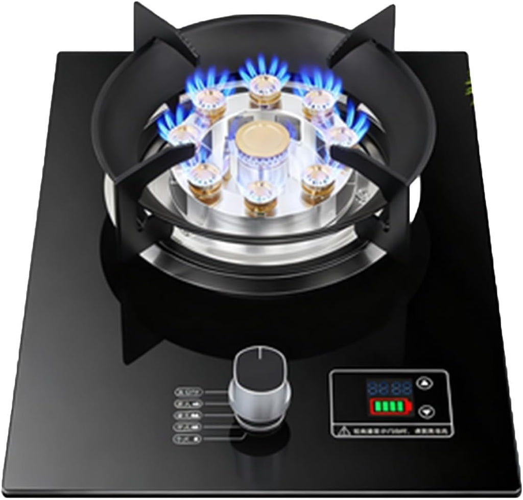 Gas Cooker 1 Burner,5.2KW 9-Chamber Fire Ring Frying Pan,Tempered Glass Dining Table Cooking,with Flameout Protection and Timer,NG/LPG Gas Conversion(LPG)