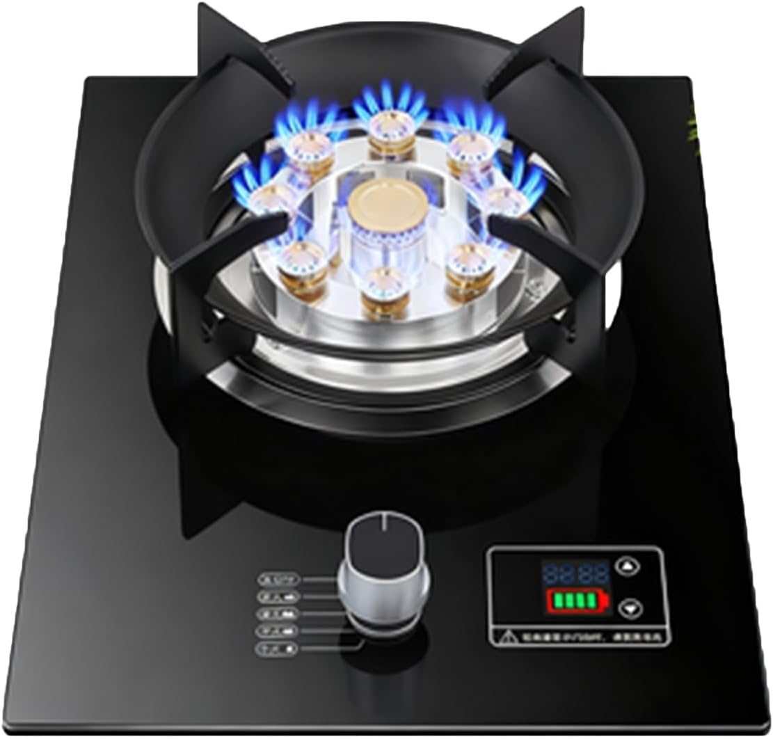 Gas Cooker 1 Burner,5.2KW 9-Chamber Fire Ring Frying Pan,Tempered Glass Dining Table Cooking,with Flameout Protection and Timer,NG/LPG Gas Conversion(LPG)