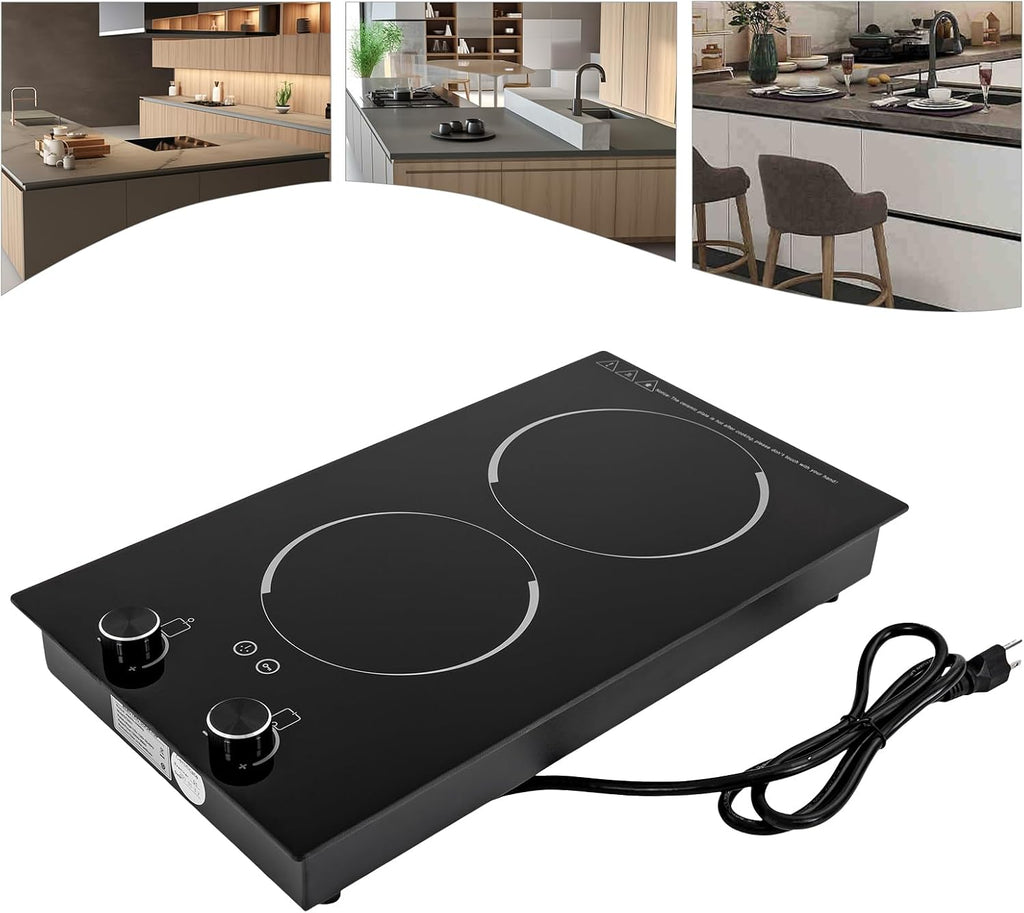 Electric Cooktop, Double Induction cooktop 110-120V Desktop and Built-In Stove Top with Timer & Knob Control, 2100W Ceramic Cooker Heater with 9 Power Levels for Kitchen Cooking