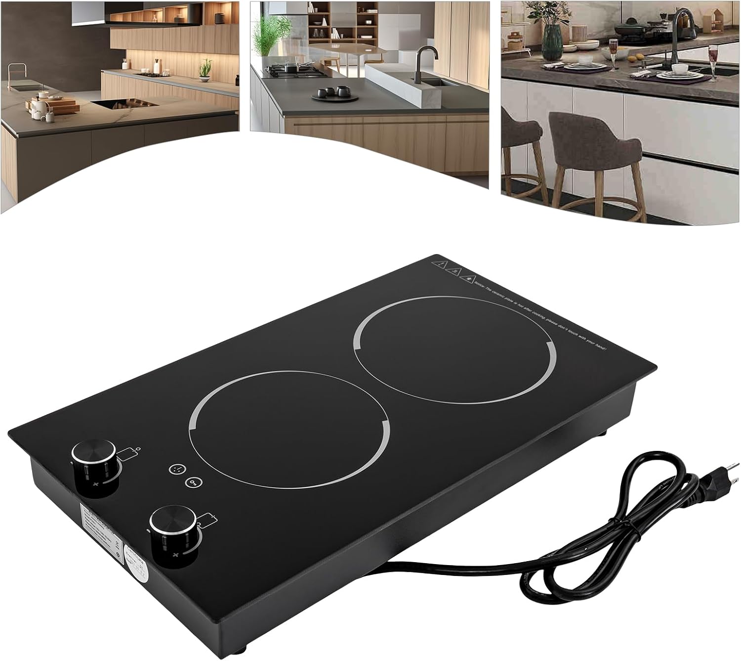 Electric Cooktop, Double Induction cooktop 110-120V Desktop and Built-In Stove Top with Timer & Knob Control, 2100W Ceramic Cooker Heater with 9 Power Levels for Kitchen Cooking
