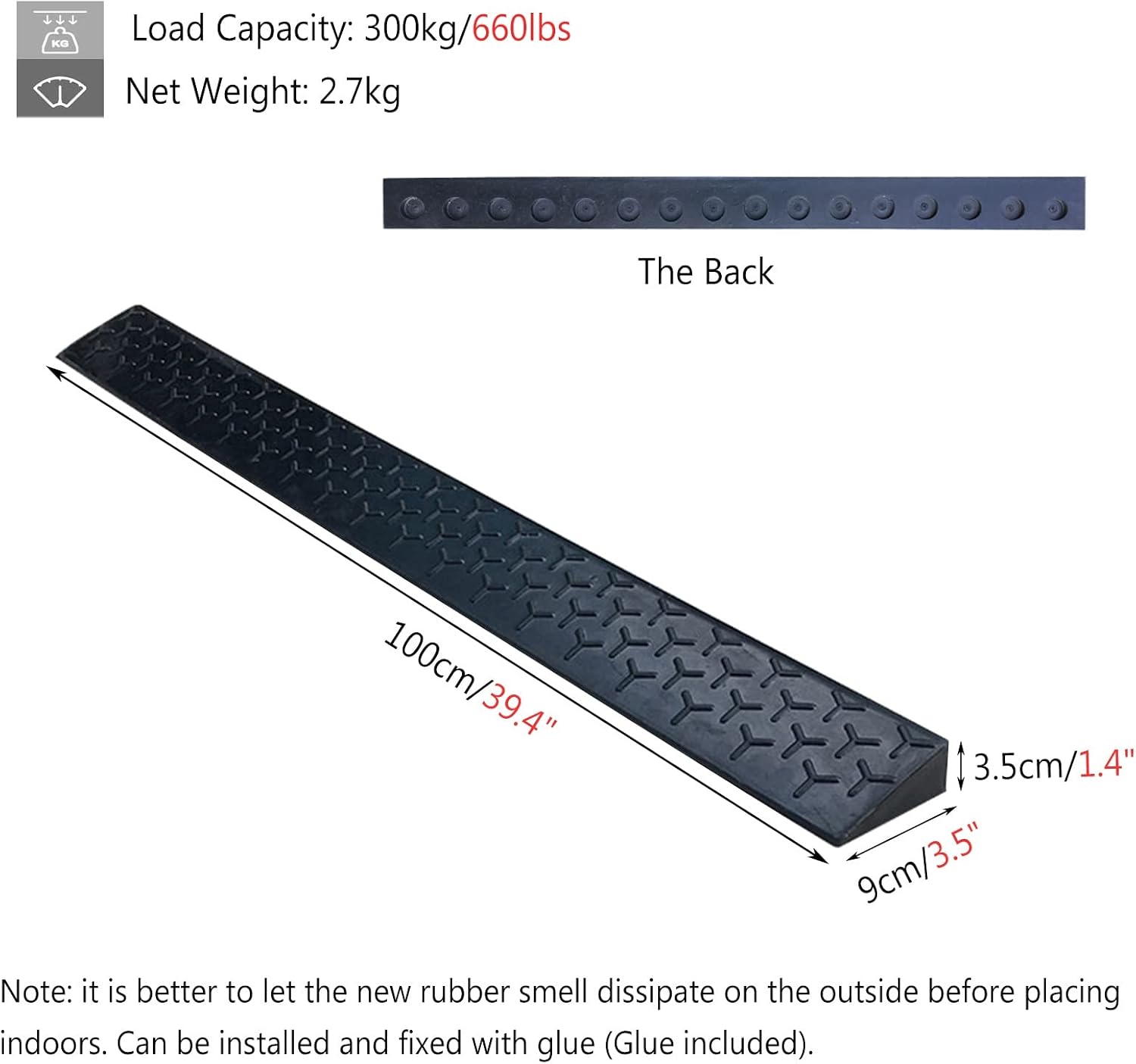Rubber Threshold Ramp for Wheelchairs 5 CM Rise Indoor Outdoor Entry Slope Home Garden Yard Sliding Glass Doors Steps 100x9x3.5cm