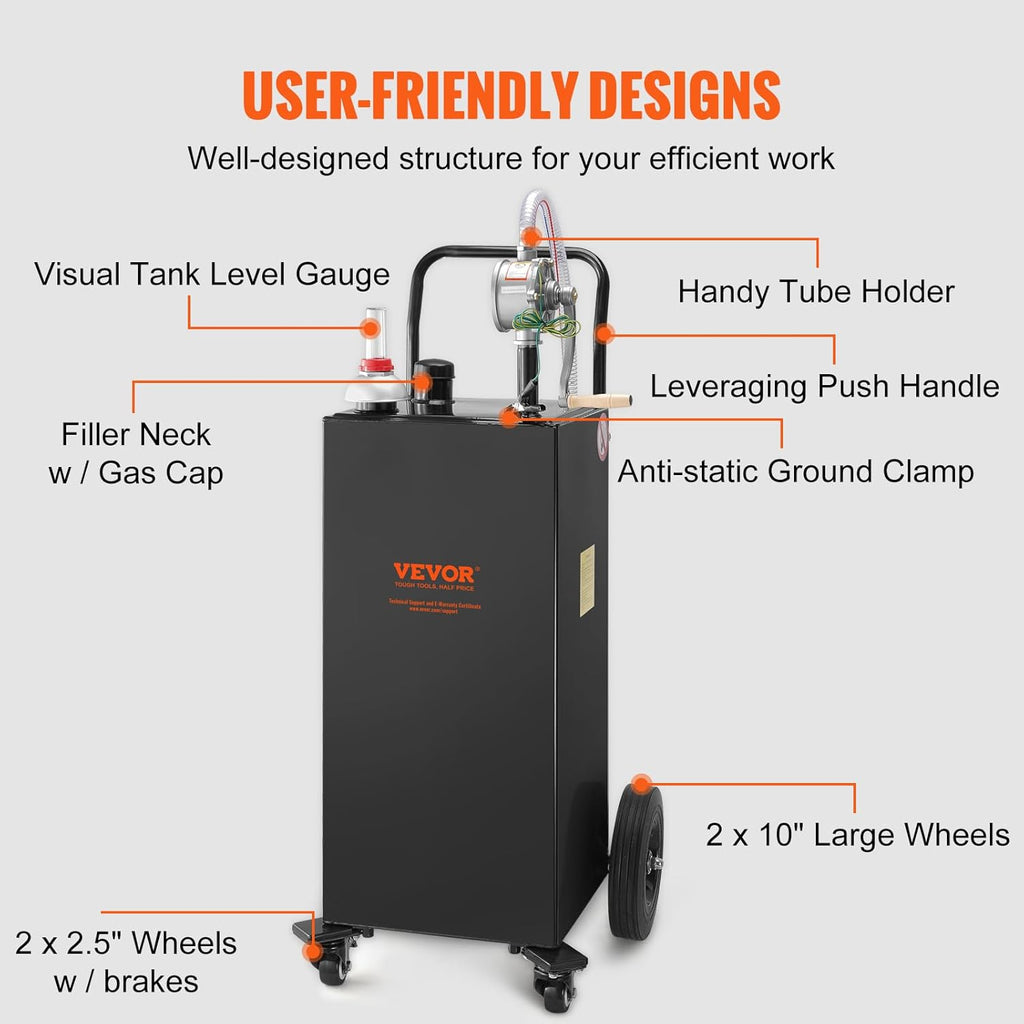 VEVOR Fuel Caddy 30 Gallon, Portable Gas Caddy Fuel Storage Tank with 4 Wheels & Manual Transfer Pump, Gasoline Diesel Fuel Container for Cars, Lawn Mowers, ATVs, Boats, Black