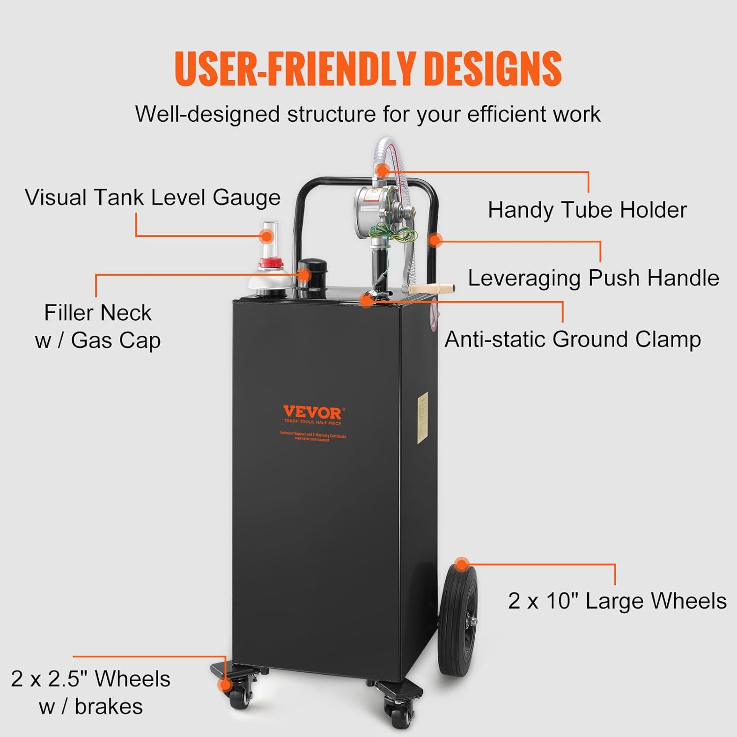 VEVOR Fuel Caddy 30 Gallon, Portable Gas Caddy Fuel Storage Tank with 4 Wheels & Manual Transfer Pump, Gasoline Diesel Fuel Container for Cars, Lawn Mowers, ATVs, Boats, Black